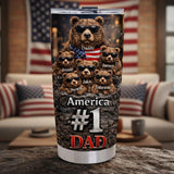 Personalized America #1 Dad American Flag Design 3D Effect Tumbler, Cool Bear Dad With Bear Cub Name Travel Cup, Father's Day Gift For Dad
