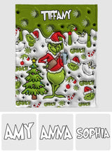 Custom Name Grinch Snow Flake Fleece Blanket, Green Christmas Tree Inflated Blanket, Personalized Funny Throw Blanket for Xmas