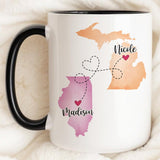 Never Too Far To Have Coffee Together - Personalized Name and State Mug - Custom Gift for Best Friends, Bestie, Sister, Family - Unique Long Distance Friendship Gift - Moving Away Present