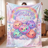 Personalized Kawaii Squishy Dumpling Blanket, Custom Name Pastel Rainbow Throw, Cute Food Plush Baby Girl Nursery Decor Birthday Gift