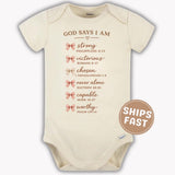 God Says I Am Baby Christian Baby Bodysuit | Bible Verse Infant Outfit | Faith Based Baby Clothes | Christian Baby Shower Gift