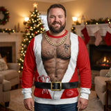 Santa Fake Abs Hairy 3D Sweatshirt, Funny Santa Claus Ugly Christmas Sweatshirt, Gag Gift for Husband, Cute 3D Holiday Sweater