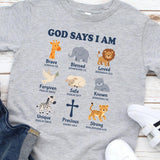 Safari Animals, God Says I Am Kids Shirt, Christian Toddler Tee, Bible Verse Shirt, Faith Based Kids Clothing, Religious Baby Bodysuit