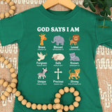 Safari Animals, God Says I Am Kids Shirt, Christian Toddler Tee, Bible Verse Shirt, Faith Based Kids Clothing, Religious Baby Bodysuit