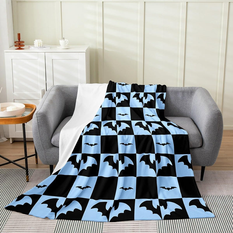 Halloween Fleece Blanket - Kawaii Bowknot Ghost Flannel Blanket - Gothic Spider Web Bat Fuzzy Plush Throw for Kids Boys Girls - Halloween Checkered Decor for Bed Couch