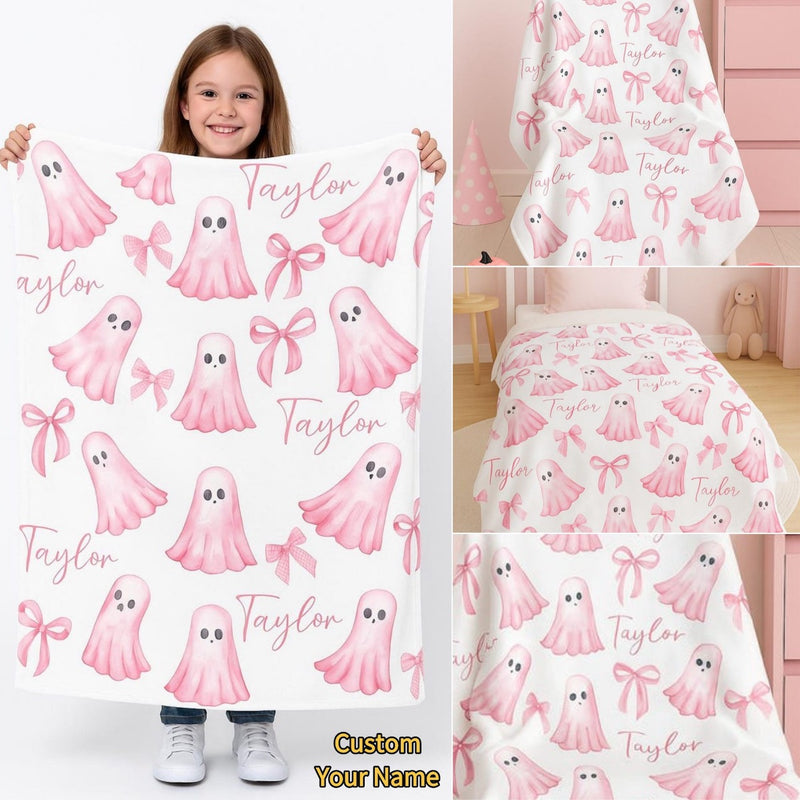 Personalized Name Coquette Halloween Ghost Blanket - Pink Bows & Name Cute Girly Halloween Decor - Custom Name Throw Blanket for Girls Fall Girl Gift