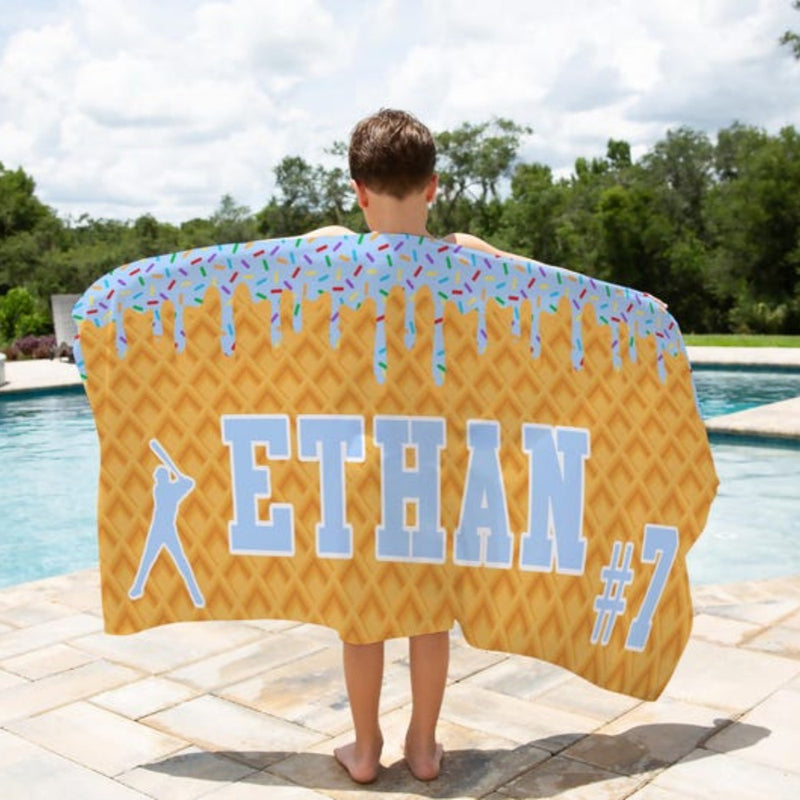 Personalized Ice Cream Drip Baseball Beach Towel with Name and Number for Boys Girls, Custom Name Drip Beach Towel, Pool Towel, Team Gift, Youth Baseball Gift