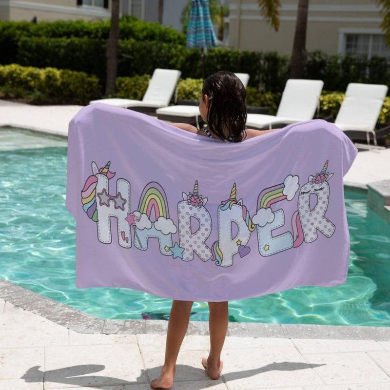 Personalized Unicorn Beach Towel with Name - Cute Unique Gift for Girl Boy Kids - Birthday Party Favor, Kid Pool Party Towel, Graduation Gift, Kid Girl Beach Towel, Girl Summer Camp Towel