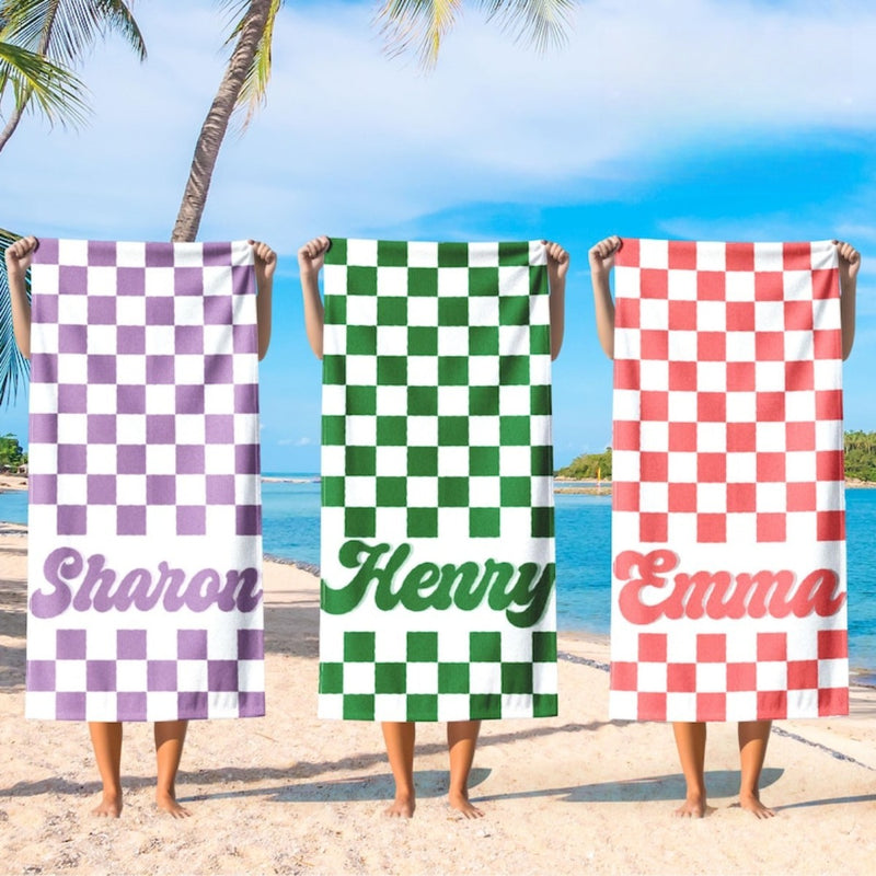 Personalized Checkerboard Beach Towel with Name, Custom Summer Beach Gift for Family & Friends Trip, Custom Name Gift for Family Vacation, Birthday, Kids and Adults