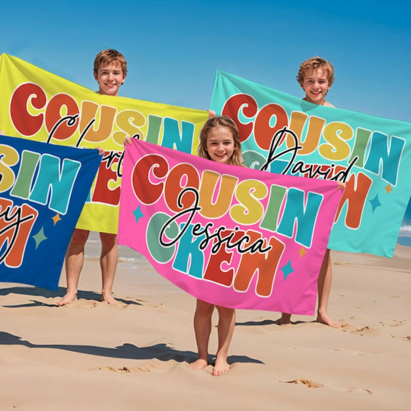 Personalized Cousin Crew Beach Towel with Name, Summer Beach Gift for Cousin, Custom Name Pool Towel, Matching Cousin Trip Gift, Family Vacation Gift