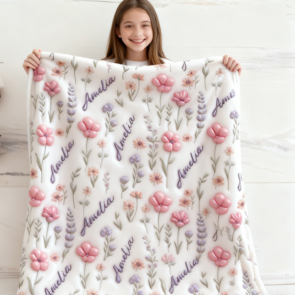 Custom Name Blanket - Floral 3D Effect Blanket with Personalized Name
