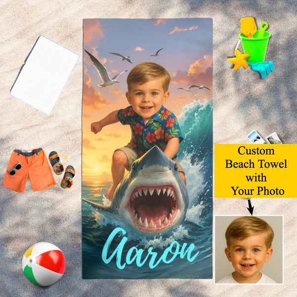 Personalized Shark Beach Towel,Custom Face & Name Kids Pool Towel,Summer Vacation Gift,Funny Shark Surfing Towel for Boys,Gift for Kids/Boys/Girls