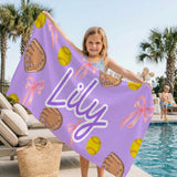 Custom Softball Beach Towel,Baseball Kids Name Beach Towel,Baseball Team Pool Towel,Coquette Bows Baseball Towel For Girls,Vacation Gift