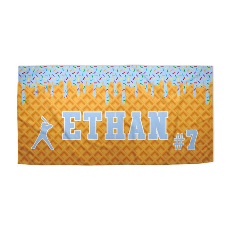 Personalized Ice Cream Drip Baseball Beach Towel with Name and Number for Boys Girls, Custom Name Drip Beach Towel, Pool Towel, Team Gift, Youth Baseball Gift