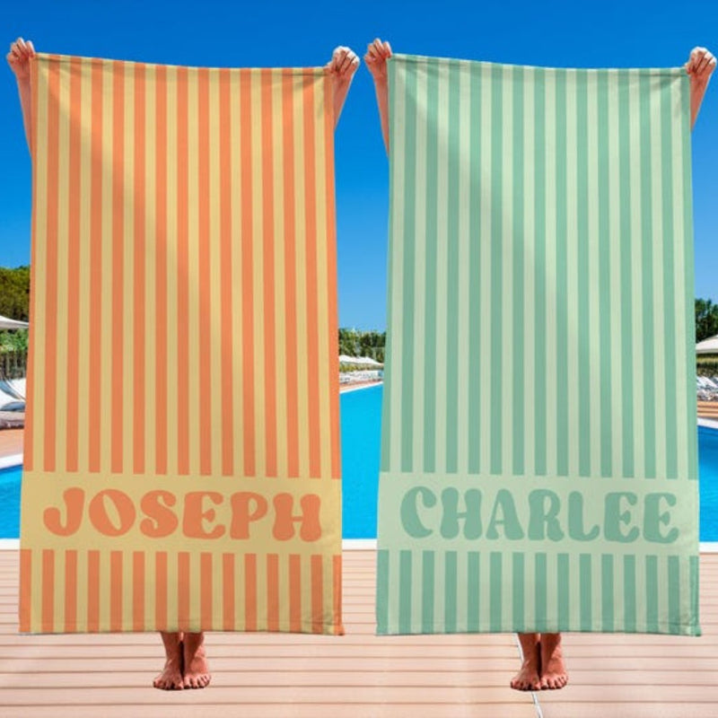 Groovy Striped Personalized Beach Towel with Name, Custom Name Pool Party Towels, Retro Style Bridesmaid Towel, Birthday Vacation Gift, Swimming Club Towel
