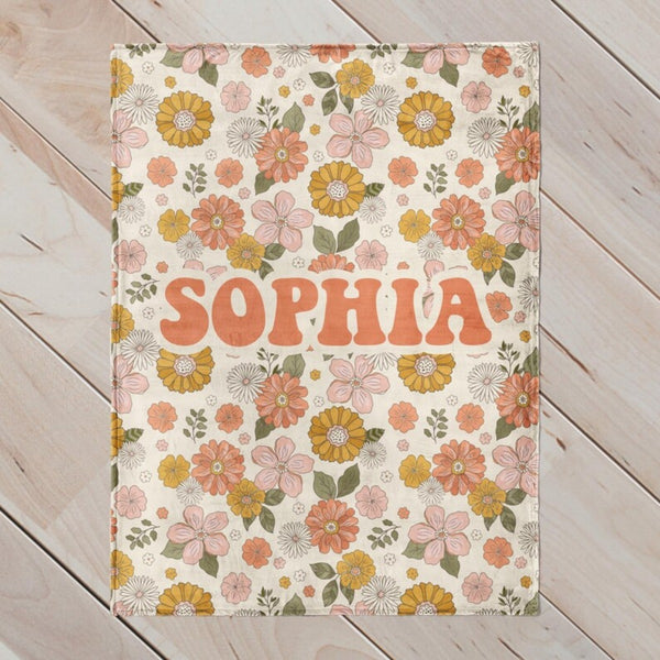 Retro Floral Personalized Name Blanket, Custom Name Blanket for Baby, Child, or Adult , Cozy Gift for Christmas or Birthday