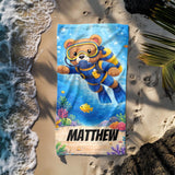 Personalized Kids Beach Towel with Name, Scuba Diving Teddy Bear Ocean Explorer Boy Gift, Custom Summer Pool Essential, Toddler Swim Blanket