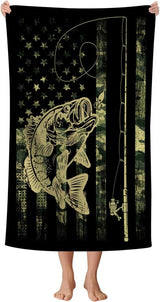 Microfiber American Flag Camo Bass Beach Towel, Fishing Fish Camouflage Army Green Black Bath Towels for Adult Kids, Lightweight Quick Dry Towels for Swim Pool Travel, Oversized 32x52