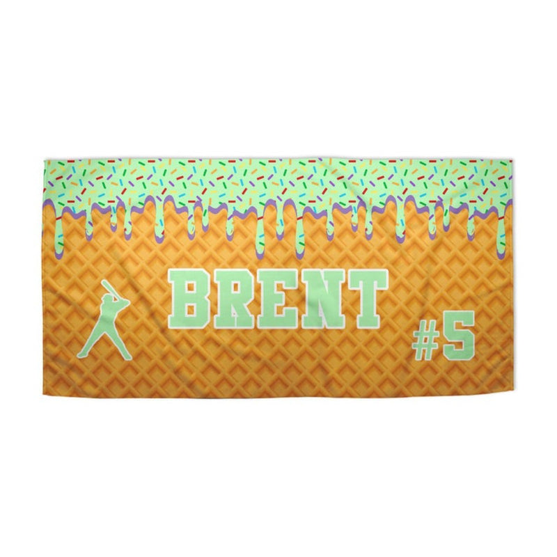 Personalized Ice Cream Drip Baseball Beach Towel with Name and Number for Boys Girls, Custom Name Drip Beach Towel, Pool Towel, Team Gift, Youth Baseball Gift