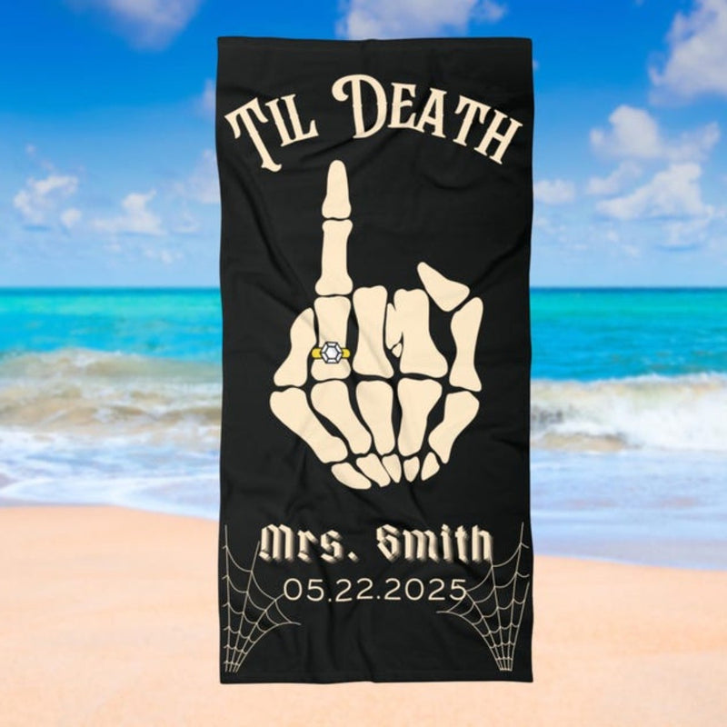 Personalized Til Death Beach Towels with Name and date - Custom Bride & Groom Gift for Wedding Day Just Married Mr Mrs Skull Skeleton Matching Husband Wife Honeymoon Anniversary