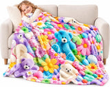Cute 3D Plush Blanket, Dog Teddy Pastel Floral Print Flannel Throw for Couch and Bed