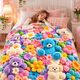 Cute 3D Plush Blanket, Dog Teddy Pastel Floral Print Flannel Throw for Couch and Bed