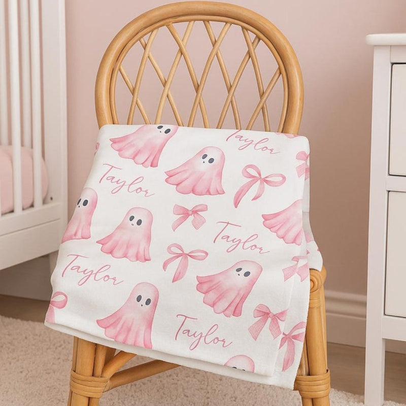 Personalized Name Coquette Halloween Ghost Blanket - Pink Bows & Name Cute Girly Halloween Decor - Custom Name Throw Blanket for Girls Fall Girl Gift