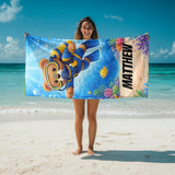 Personalized Kids Beach Towel with Name, Scuba Diving Teddy Bear Ocean Explorer Boy Gift, Custom Summer Pool Essential, Toddler Swim Blanket
