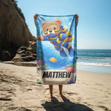Personalized Kids Beach Towel with Name, Scuba Diving Teddy Bear Ocean Explorer Boy Gift, Custom Summer Pool Essential, Toddler Swim Blanket