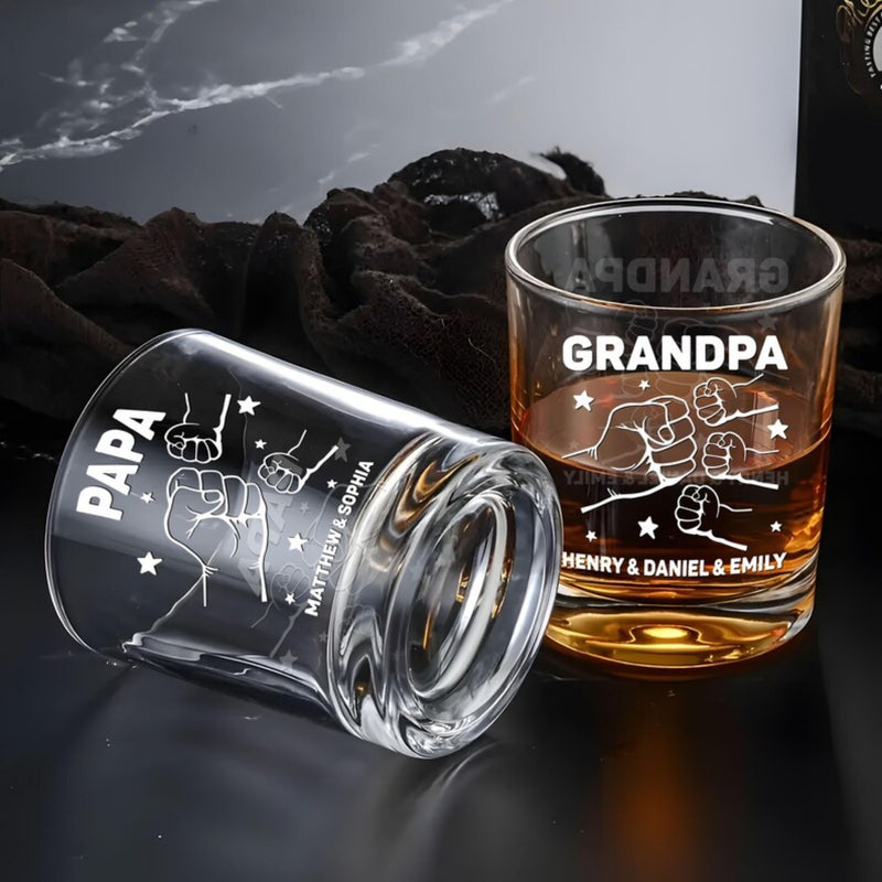 Fist Bumps And Good Times - Family Personalized Custom Whiskey Glass - Father's Day, Gift For Dad, Grandpa, Hands With Kids Names Glass