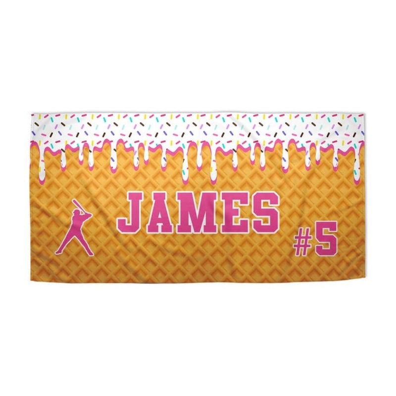 Personalized Ice Cream Drip Baseball Beach Towel with Name and Number for Boys Girls, Custom Name Drip Beach Towel, Pool Towel, Team Gift, Youth Baseball Gift