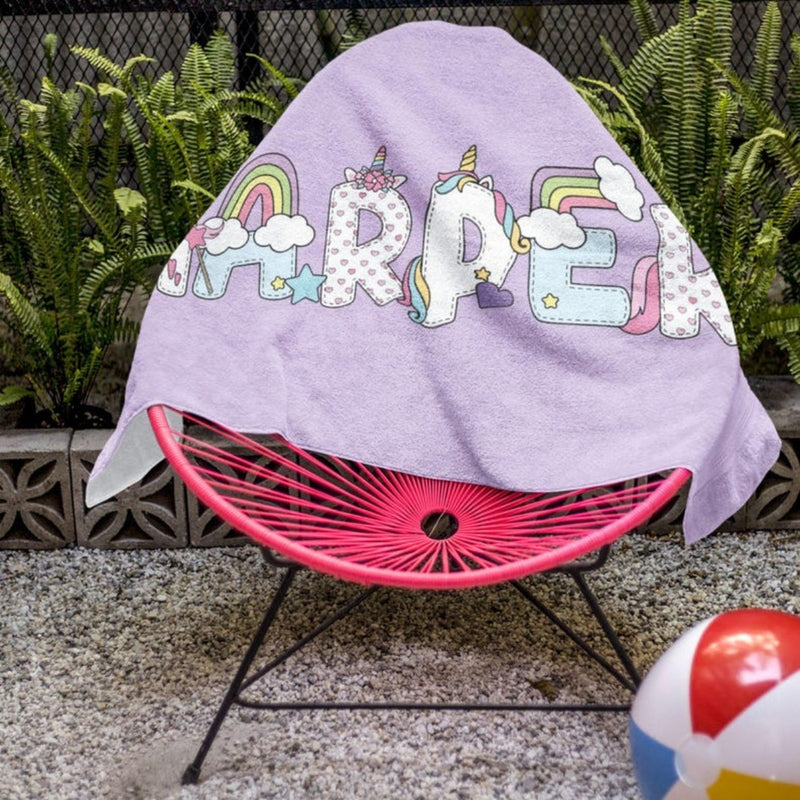 Personalized Unicorn Beach Towel with Name - Cute Unique Gift for Girl Boy Kids - Birthday Party Favor, Kid Pool Party Towel, Graduation Gift, Kid Girl Beach Towel, Girl Summer Camp Towel