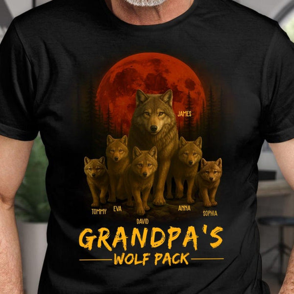 Personalized Grandpa's Wolf Pack Shirt, Custom Papa With Kids Names Shirt, Personalized Wolf Pack Tee, Gift for Grandpa, Father's Day Gift