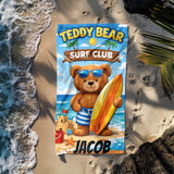 Personalized Kids Beach Towel with Name, Teddy Bear Surf Club Pool Towel, Custom Summer Vacation Gift for Boys, Cute Toddler Swim Towel