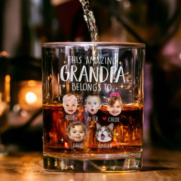 Custom Baby Face Whiskey Glass, This Amazing Grandpa Belongs To, Custom Grandkids Photo, Custom Grandpa Gift, Grandpa Birthday Whiskey Glass