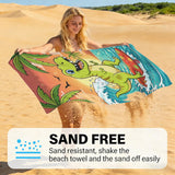 Surfing Dinosaur Beach Towel – Cute Summer Dino Riding Waves, Fun Cartoon Ocean Towel for Kids & Teens