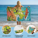Surfing Dinosaur Beach Towel – Cute Summer Dino Riding Waves, Fun Cartoon Ocean Towel for Kids & Teens