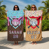 Custom Name Baseball Beach Towel, Ice Cream Drip Sports Pool Towel, Personalized Summer Gift for Kids