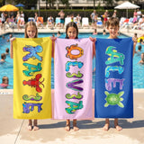 Personalized Kids Beach Towel, Custom Animal Lettering Pool Towel, Fun Animal Beach Designs, Vacation Gift, Family Trip Towel