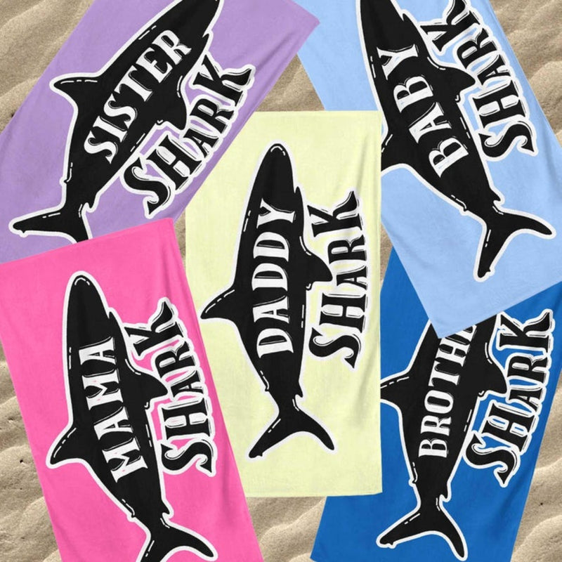 Personalized Shark Family Matching Beach Towel with Name, Custom Summer Beach Gift for Family Trip, Custom Name Gift for Family Vacation, Birthday, Kids and Adults