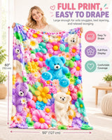 Cute 3D Plush Blanket, Dog Teddy Pastel Floral Print Flannel Throw for Couch and Bed