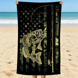 Microfiber American Flag Camo Bass Beach Towel, Fishing Fish Camouflage Army Green Black Bath Towels for Adult Kids, Lightweight Quick Dry Towels for Swim Pool Travel, Oversized 32x52
