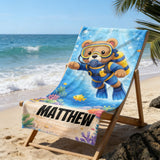 Personalized Kids Beach Towel with Name, Scuba Diving Teddy Bear Ocean Explorer Boy Gift, Custom Summer Pool Essential, Toddler Swim Blanket