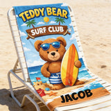 Personalized Kids Beach Towel with Name, Teddy Bear Surf Club Pool Towel, Custom Summer Vacation Gift for Boys, Cute Toddler Swim Towel