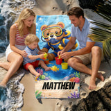 Personalized Kids Beach Towel with Name, Scuba Diving Teddy Bear Ocean Explorer Boy Gift, Custom Summer Pool Essential, Toddler Swim Blanket