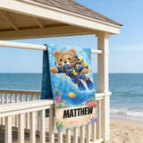 Personalized Kids Beach Towel with Name, Scuba Diving Teddy Bear Ocean Explorer Boy Gift, Custom Summer Pool Essential, Toddler Swim Blanket