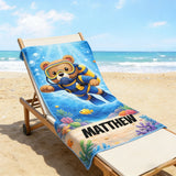 Personalized Kids Beach Towel with Name, Scuba Diving Teddy Bear Ocean Explorer Boy Gift, Custom Summer Pool Essential, Toddler Swim Blanket