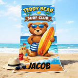 Personalized Kids Beach Towel with Name, Teddy Bear Surf Club Pool Towel, Custom Summer Vacation Gift for Boys, Cute Toddler Swim Towel