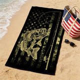Microfiber American Flag Camo Bass Beach Towel, Fishing Fish Camouflage Army Green Black Bath Towels for Adult Kids, Lightweight Quick Dry Towels for Swim Pool Travel, Oversized 32x52