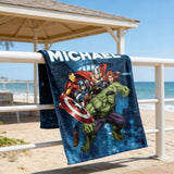 Personalized Beach Towels, Custom Name Hulk Captain American Thor Beach Towel, Hulk Hero Towel